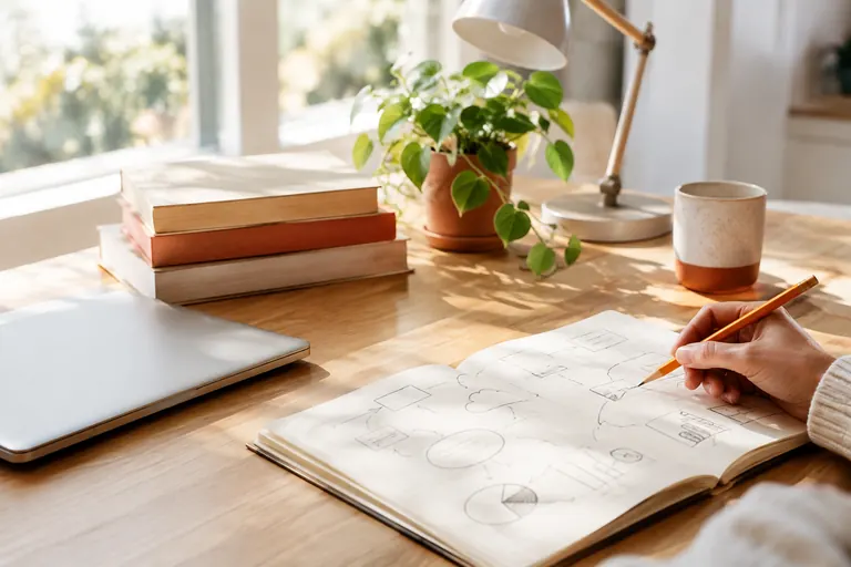 Bureau de consultant indépendant avec livres, carnet de croquis et ordinateur fermé