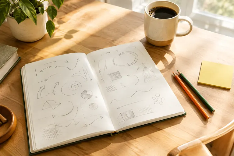 Carnet ouvert couvert de croquis au crayon sur un bureau en bois au petit matin