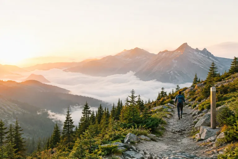 Randonneur vu de dos gravissant un sentier de montagne à l’aube, image de la ténacité